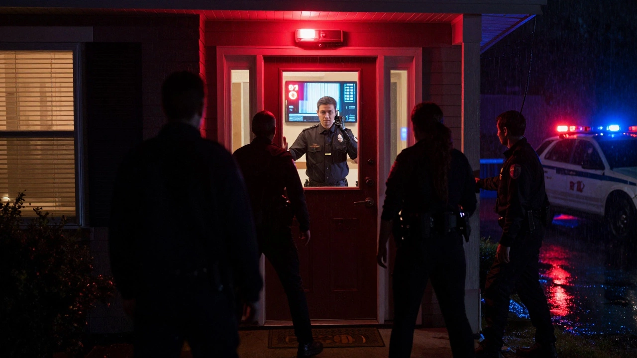 A home break-in in progress as a monitoring center operator calls emergency services.