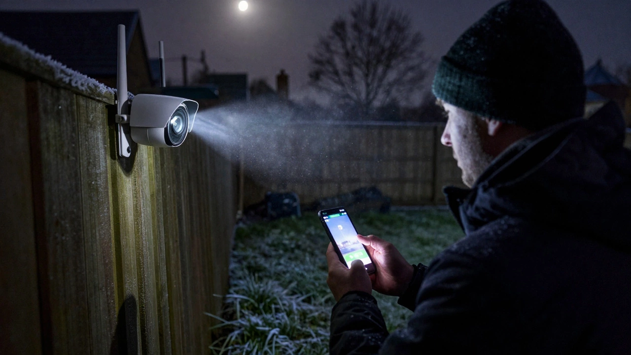 A person in a cold UK backyard checking a disconnected wireless security camera at night.