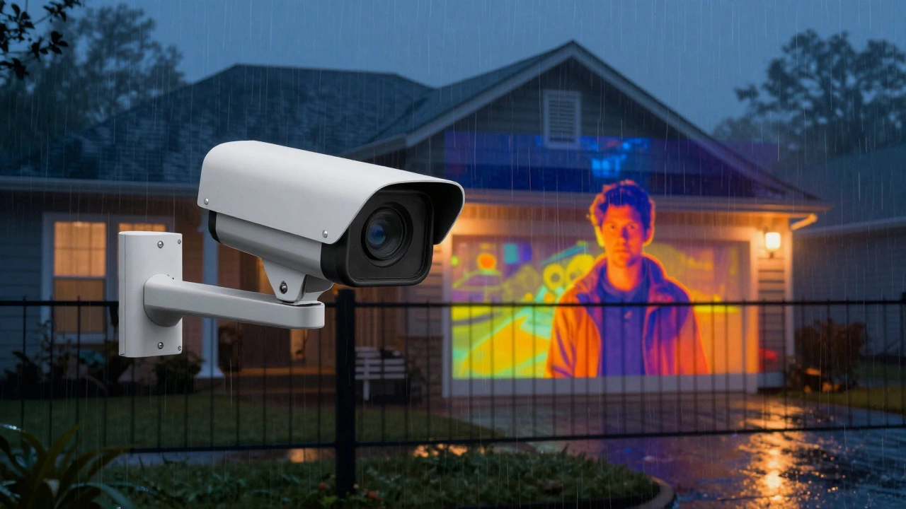 A smart home surveillance system overlays thermal heat detection onto a night vision display, showing an intruder approaching at night.