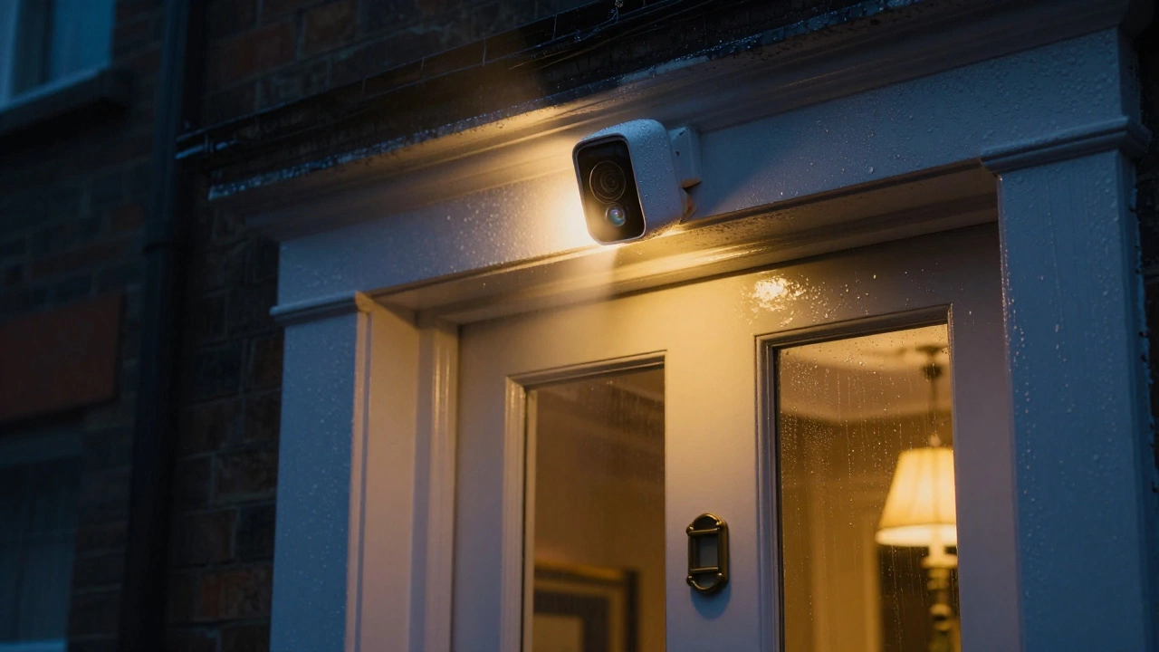 A spotlight camera above a front door illuminates a person&#039;s face in the night, rain falling softly.