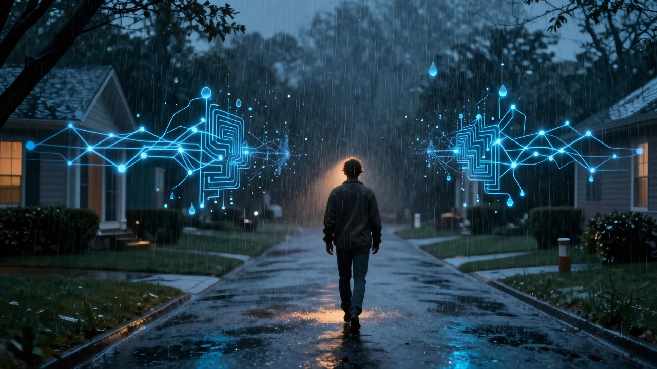 AI-powered motion sensor analyzing raindrops and human movement, with neural networks filtering out weather noise.