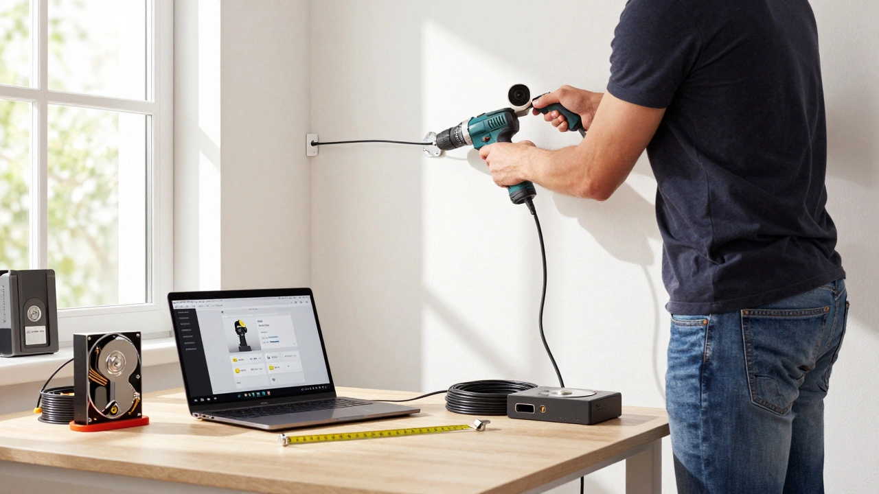 DIY installer setting up a PoE camera with tools and NVR on a workshop table.