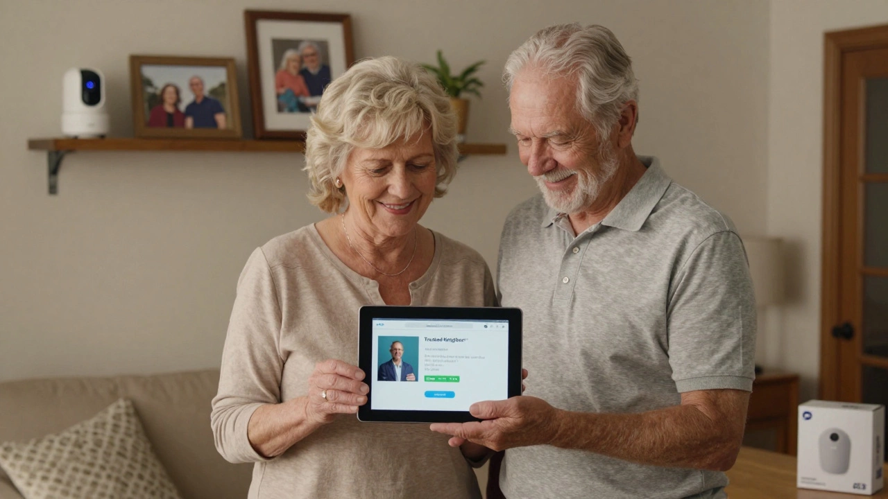 Elderly couple learning about Trusted Neighbor™ feature with ADT technician, Nest camera visible in background.