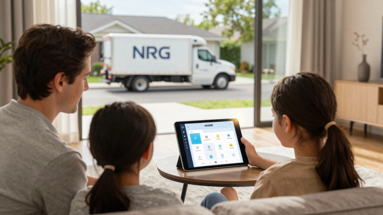 Family using Vivint app on tablet as NRG utility truck passes outside their home.