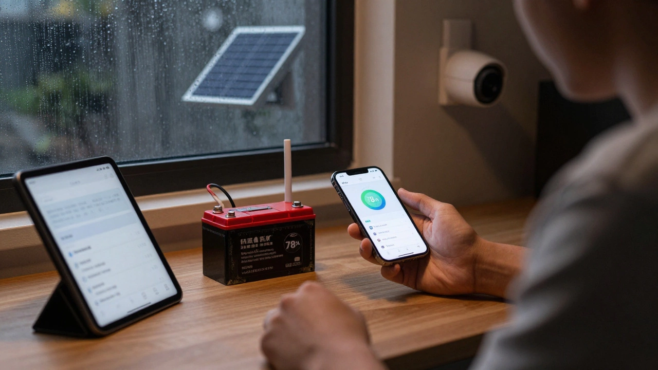 Homeowner checking battery health of a wireless security camera on a smartphone app, replacement battery nearby.