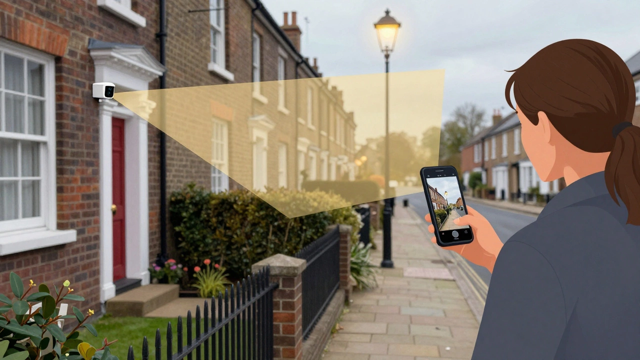 Homeowner checking live camera feed on smartphone, with golden view cone showing legal property coverage only.