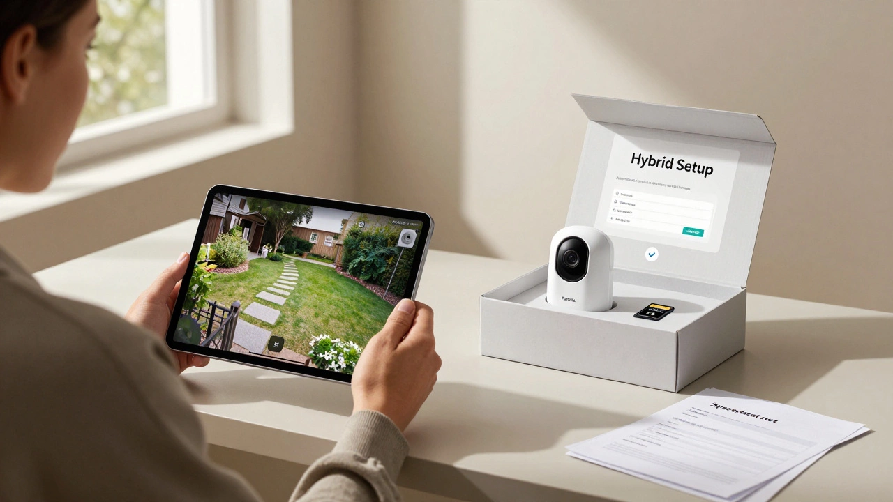 Homeowner in Sheffield holding tablet with hybrid camera setup on desk.