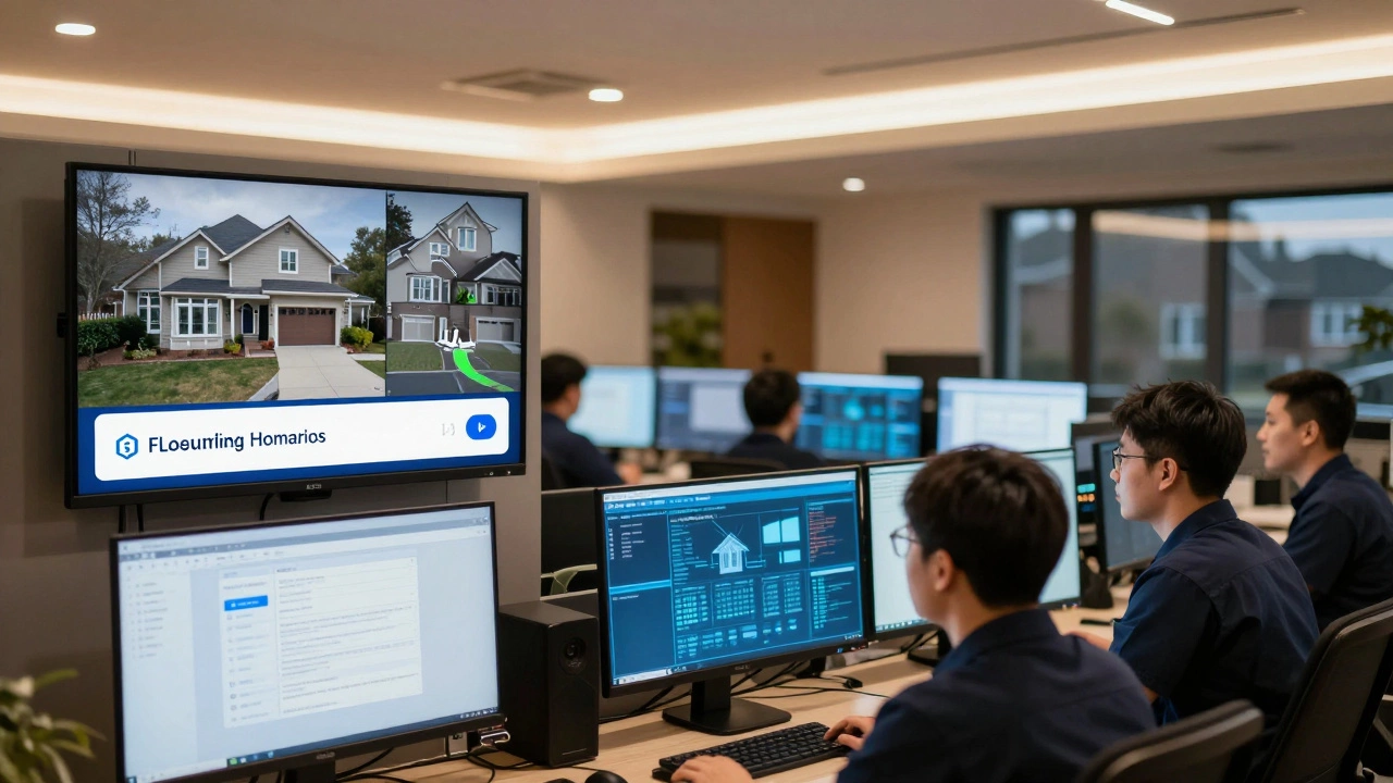 Monitoring center with technicians watching multiple security alerts on large screens.