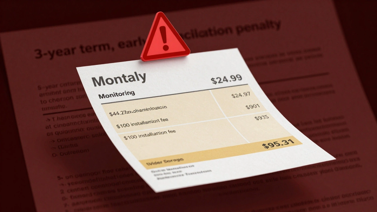 Monthly bill showing hidden ADT costs: monitoring, equipment financing, and fees adding up to over .