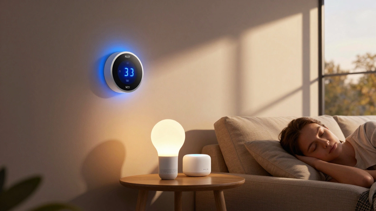 Morning light in a UK living room with smart thermostat and adaptive LED lighting.