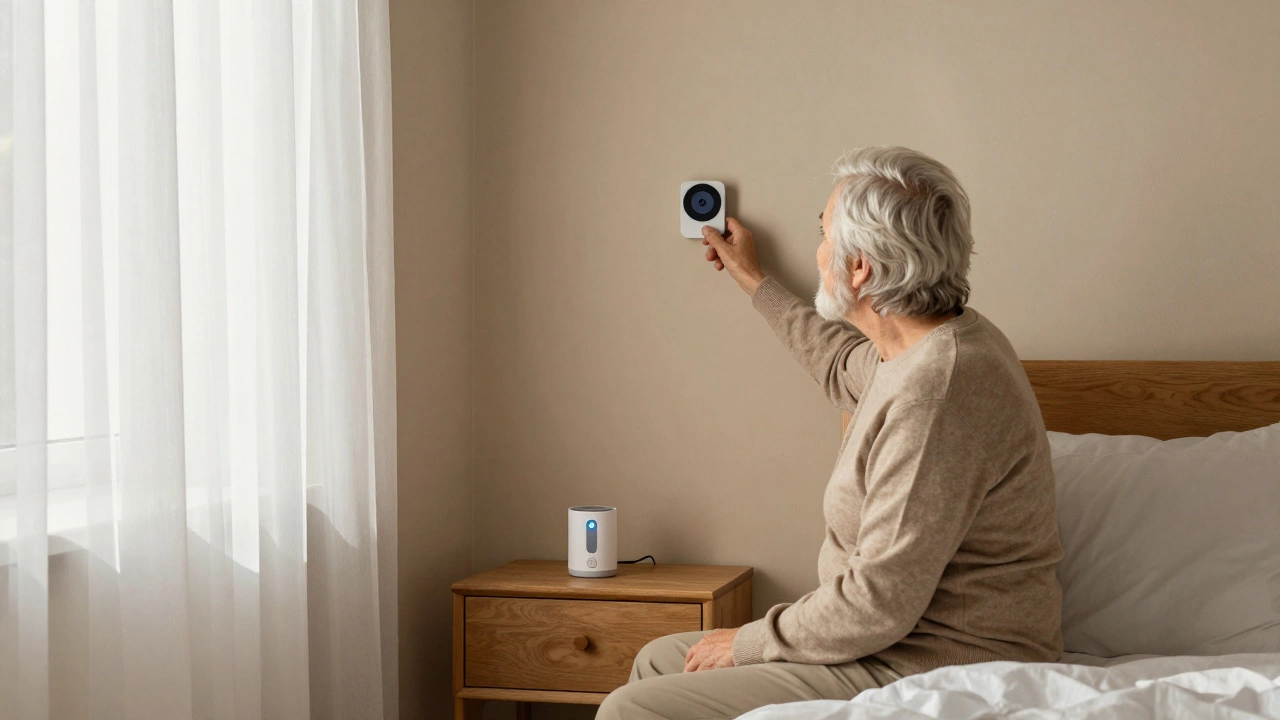 Senior using voice control to turn on bedroom lights with health sensors nearby.