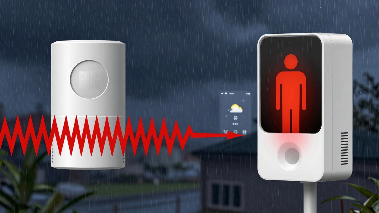 Side-by-side comparison of a basic motion sensor overwhelmed by rain and a dual-tech sensor filtering out false triggers.