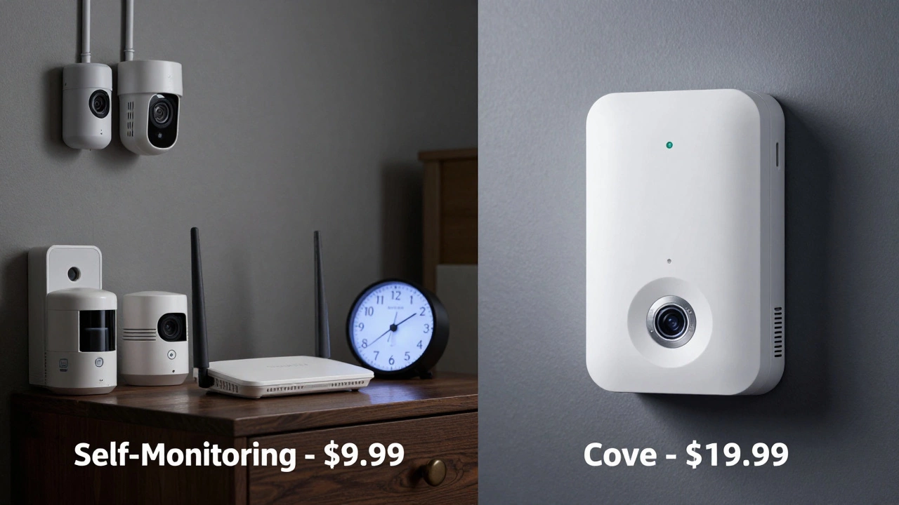 Side-by-side comparison of budget DIY security system versus professional monitored system with cellular backup.