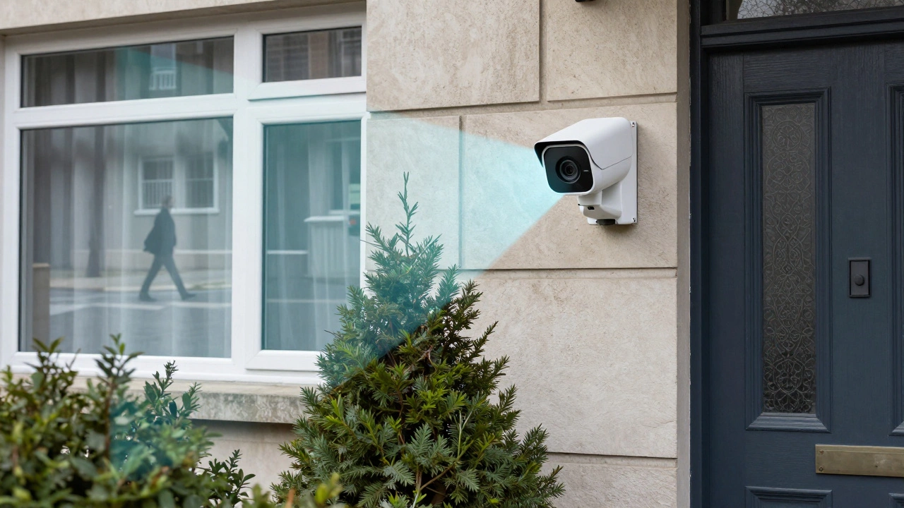 Smart CCTV camera with AI privacy blur, covering homeowner&#039;s door while obscuring public sidewalks and neighbors&#039; windows.