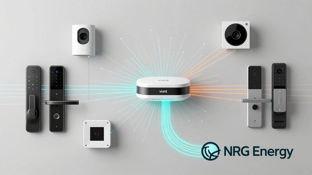 Smart home devices merging into a single NRG utility bill with digital energy streams.