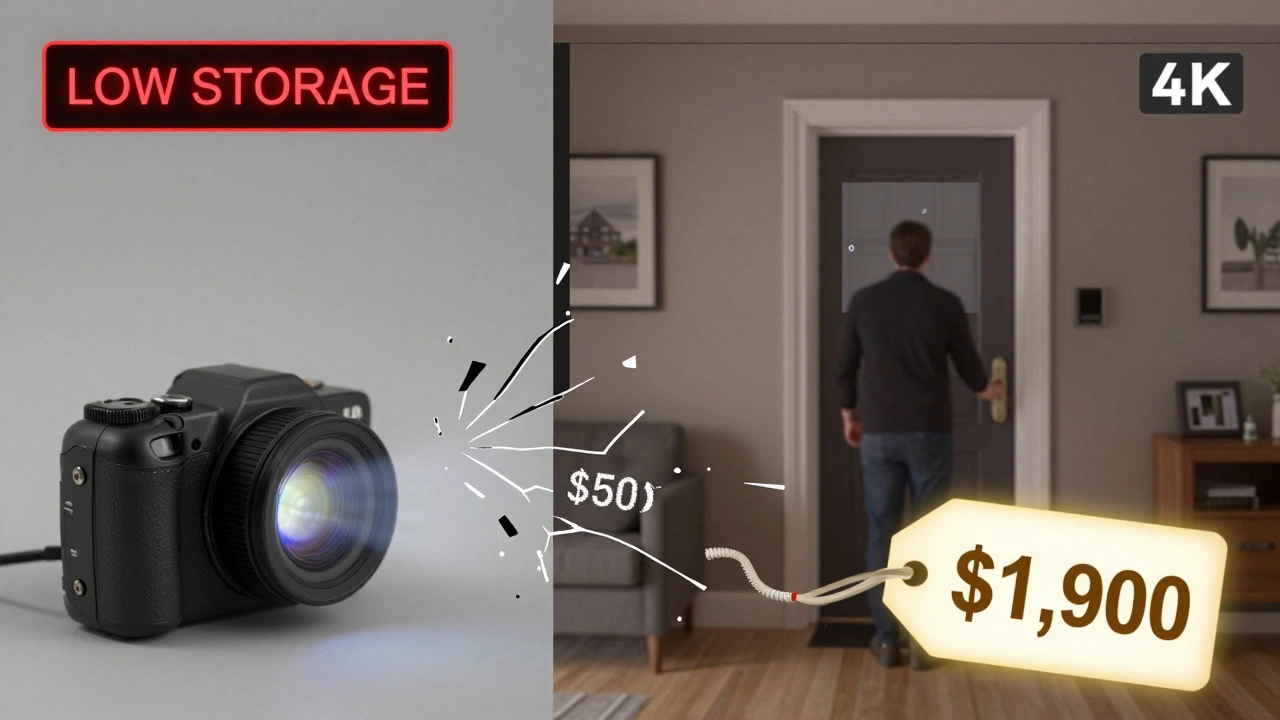 Split image: poor quality camera vs. clear 4K feed, showing value of investing in reliable security.