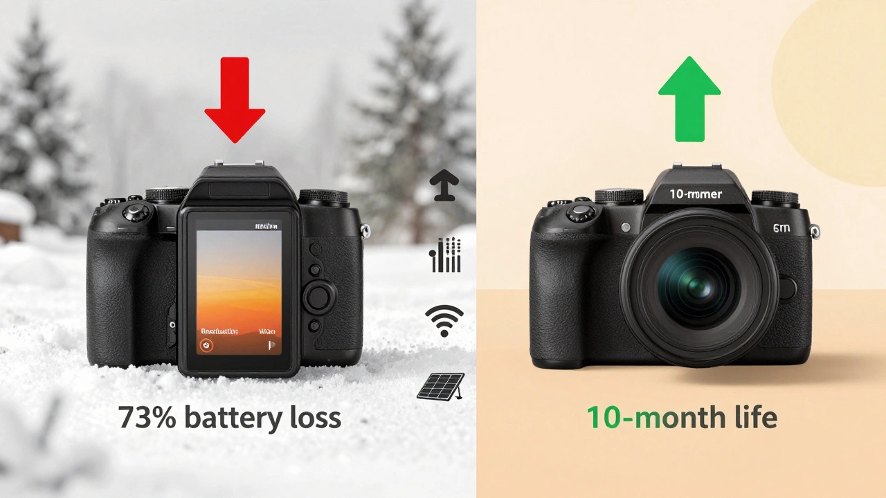 Split-screen comparison: battery life of security camera in freezing winter vs. mild summer conditions with key factors shown.