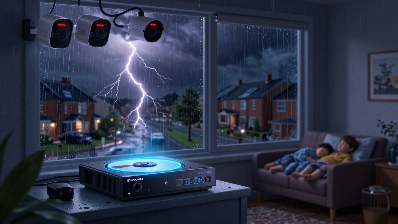 Stormy night with offline NVR recording while internet cameras go dark.