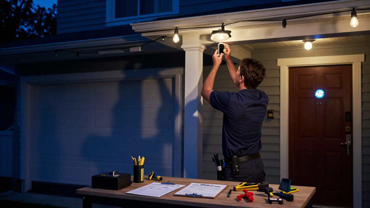 An ADT technician installing an outdoor camera on a house gutter at dusk, tools and receipt visible.