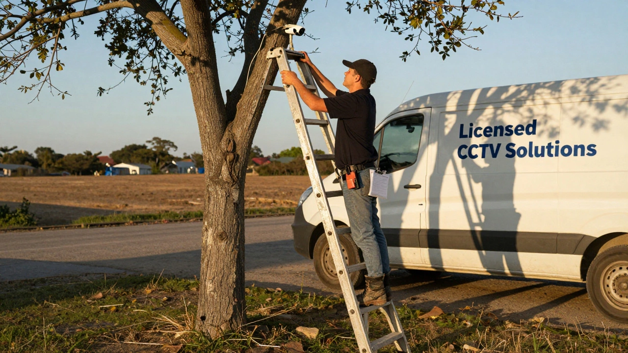 An installer placing a hidden camera behind a tree in a rural area during golden hour.