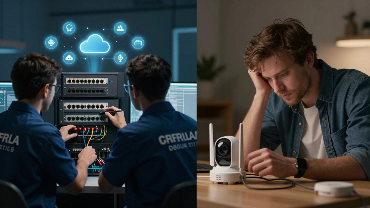 Contrast between a certified technician installing a commercial system and a DIY homeowner struggling with a single camera.