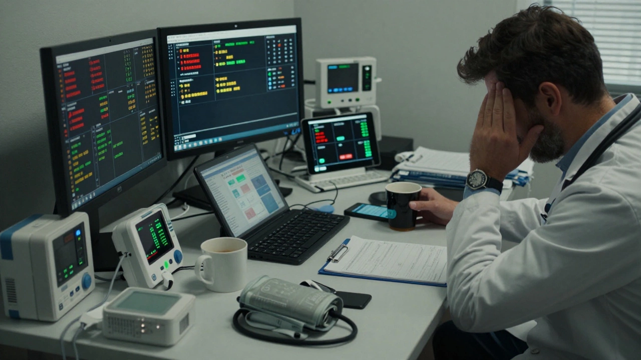 Doctor overwhelmed by flashing health alerts on multiple devices at a cluttered desk.