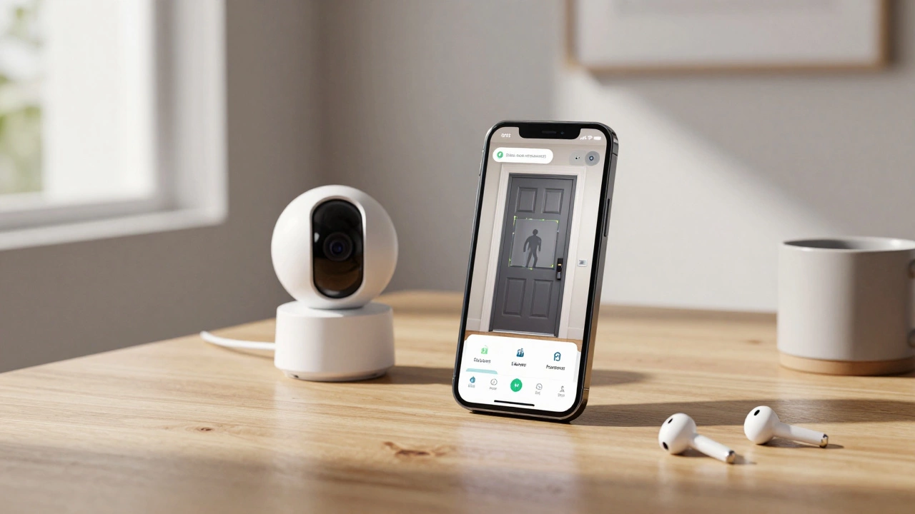 iPhone displaying live camera feed from a Ring camera on a wooden table with daylight.