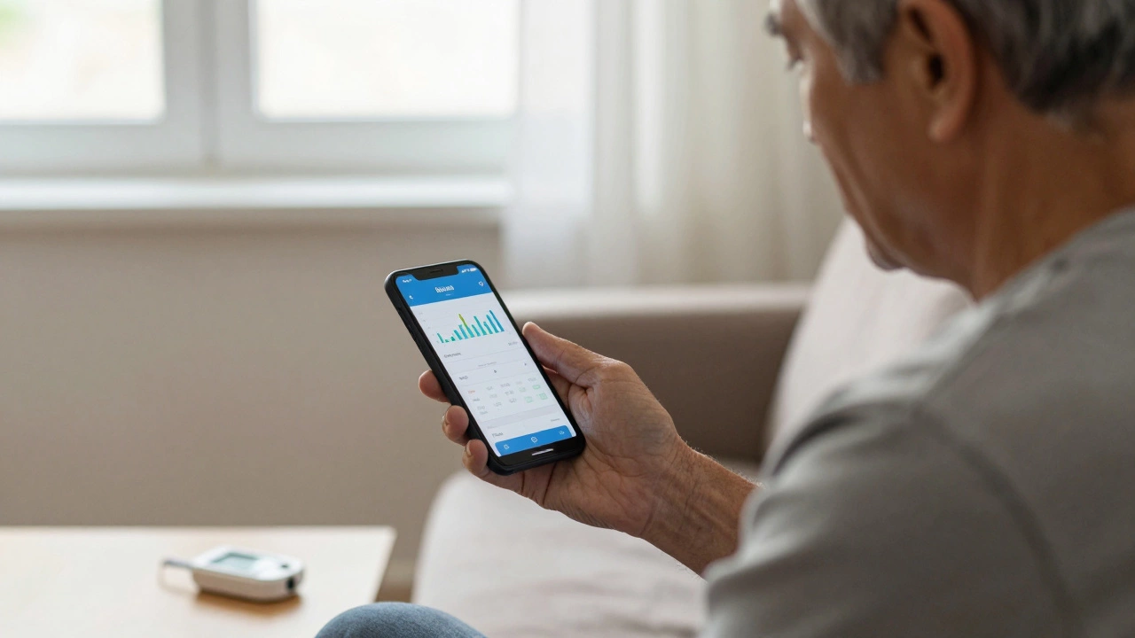 Older man staring at a confusing health app, unused monitor beside him on the couch.