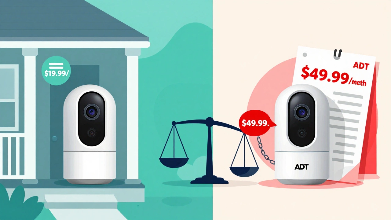 Split-screen comparison: affordable Ring camera vs. expensive ADT camera with monthly billing chain.