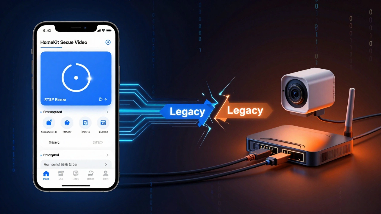 Split-screen concept showing HomeKit Secure Video and legacy IP camera connection.