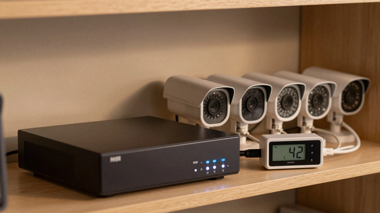A network video recorder and PoE switch with indicator lights, connected to five cameras via cables.