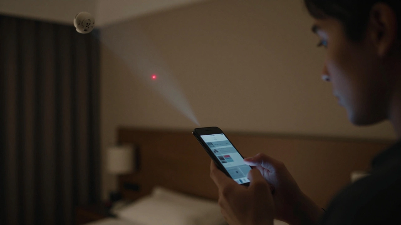 A person using a flashlight to detect a hidden infrared camera in a dark hotel room.