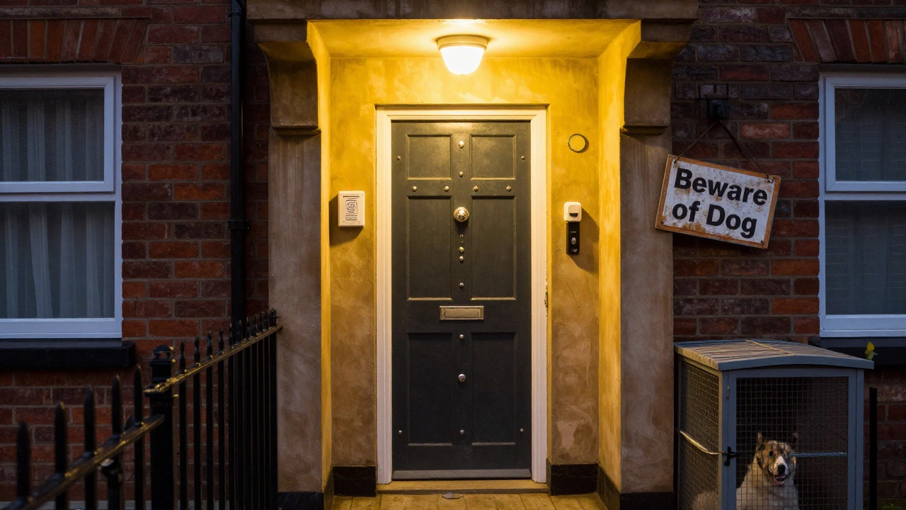 A secure UK home with reinforced door, motion lights, siren, and dog kennel—no camera visible, conveying layered physical security.