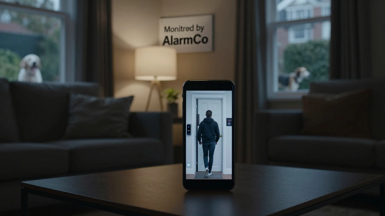 A smartphone showing a live doorbell feed of a suspicious figure, with a security sign and automatic lamp visible in the background.