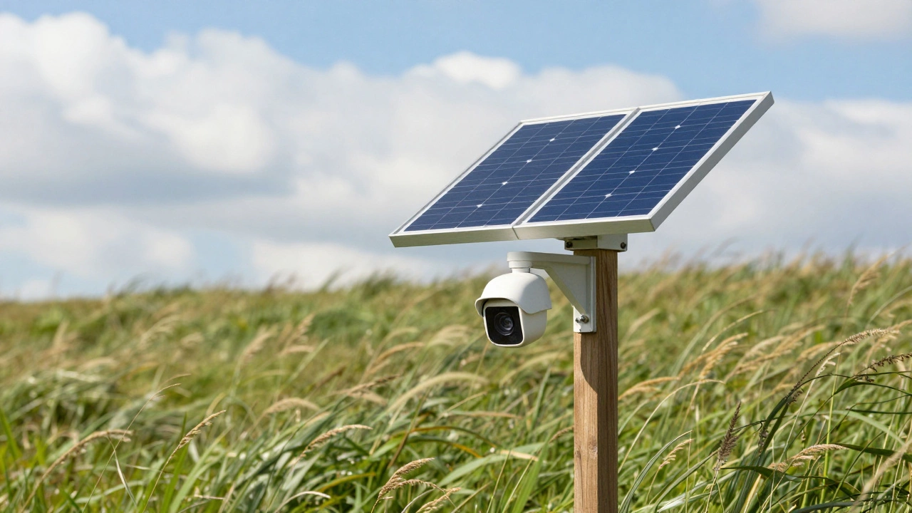 A solar-powered security camera on a post in a sunny UK backyard, no wires, under a cloudy sky.