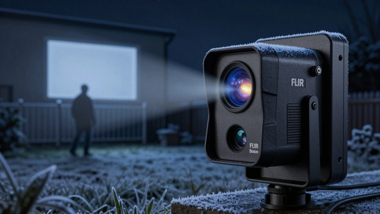 An outdoor thermal camera detects a person's heat signature in a frosty yard, while a window shows no detail.