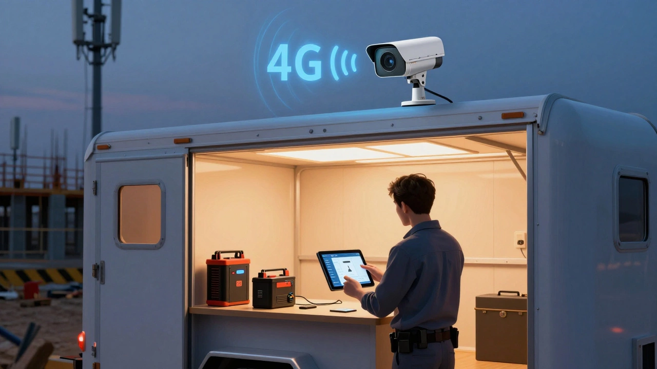 Cellular security camera transmitting 4G signal at a construction site.