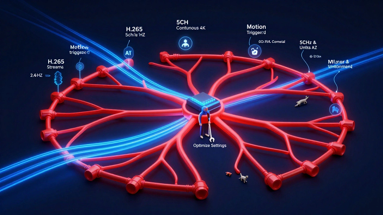 Conceptual network diagram showing congested 2.4GHz band and clean 5GHz streams with AI filtering motion.