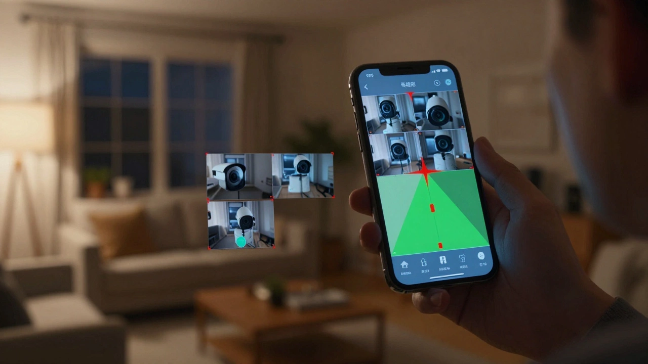 Hand holding a smartphone showing multiple live security camera feeds with motion detection zones highlighted.