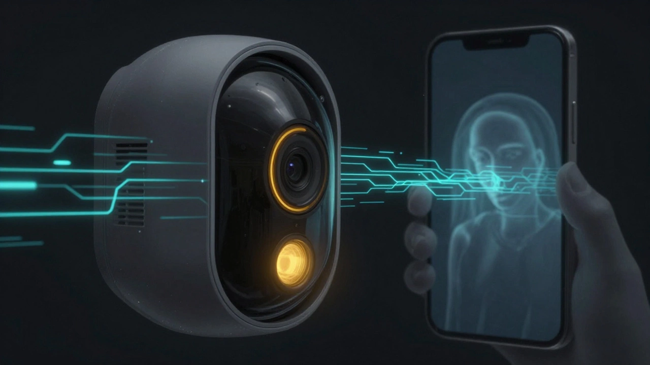 Internal view of Ring camera showing encrypted data streaming to a phone, unseen viewer represented as a translucent figure.