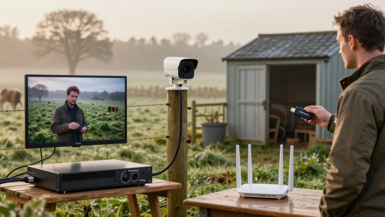 Offline CCTV setups on a farm: DVR, SD card camera, and PoE system with USB backup.