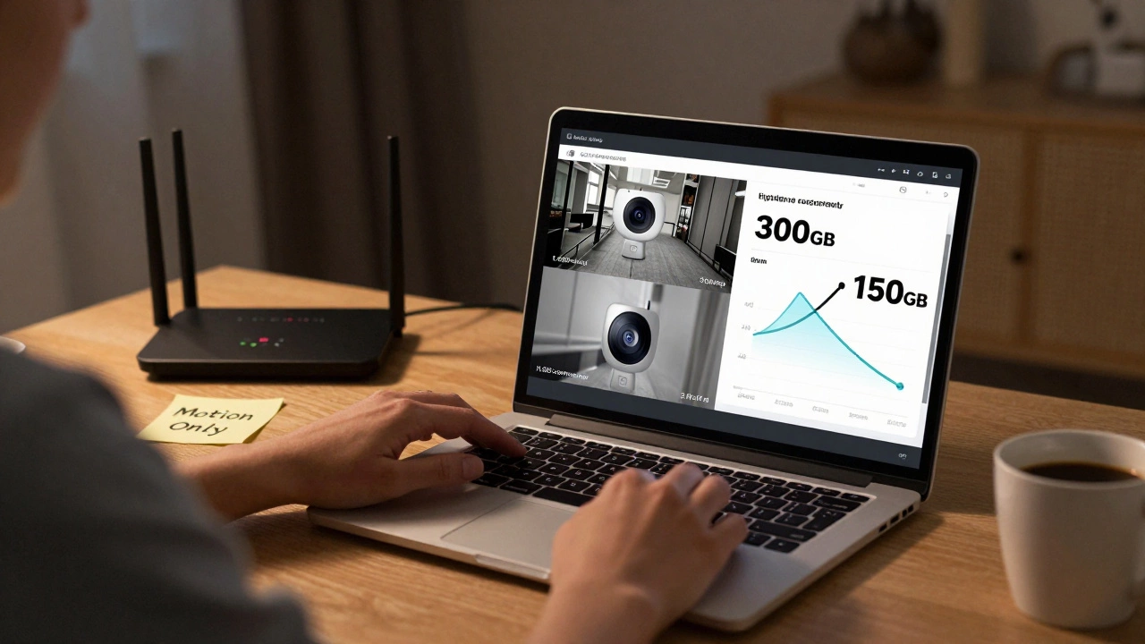 Person adjusting camera settings on a laptop to reduce bandwidth use, with router and notes visible on desk.