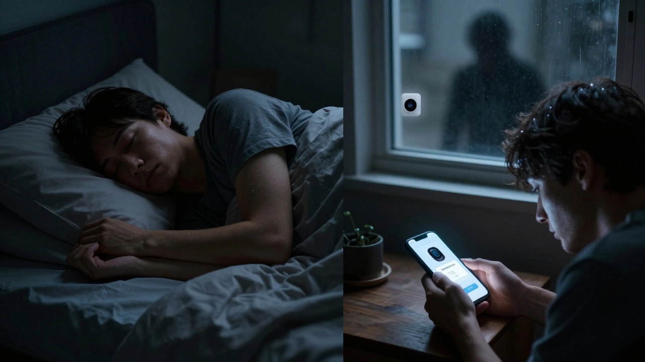 Phone glowing with a security alert at night while a person sleeps, outside a window a figure is detected by camera sensors.