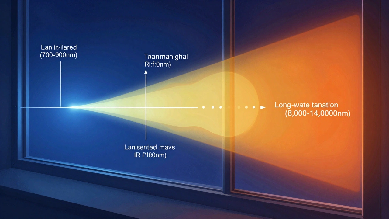 Scientific diagram showing how near-infrared light passes through glass but thermal infrared is absorbed.