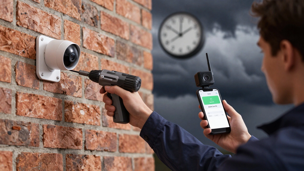 Side-by-side scene: technician installing wired camera vs. person checking low battery on wireless camera.