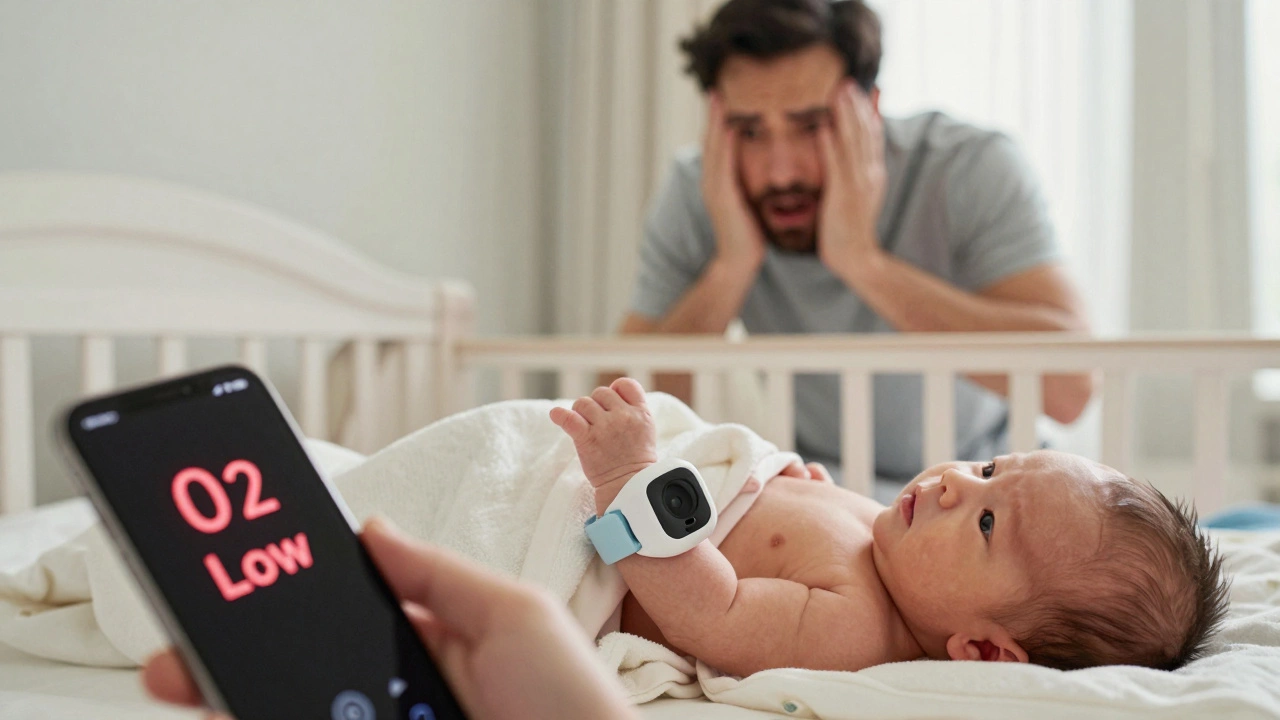 A baby monitor wristband slips off a newborn's arm while a smartphone displays a false alarm alert.