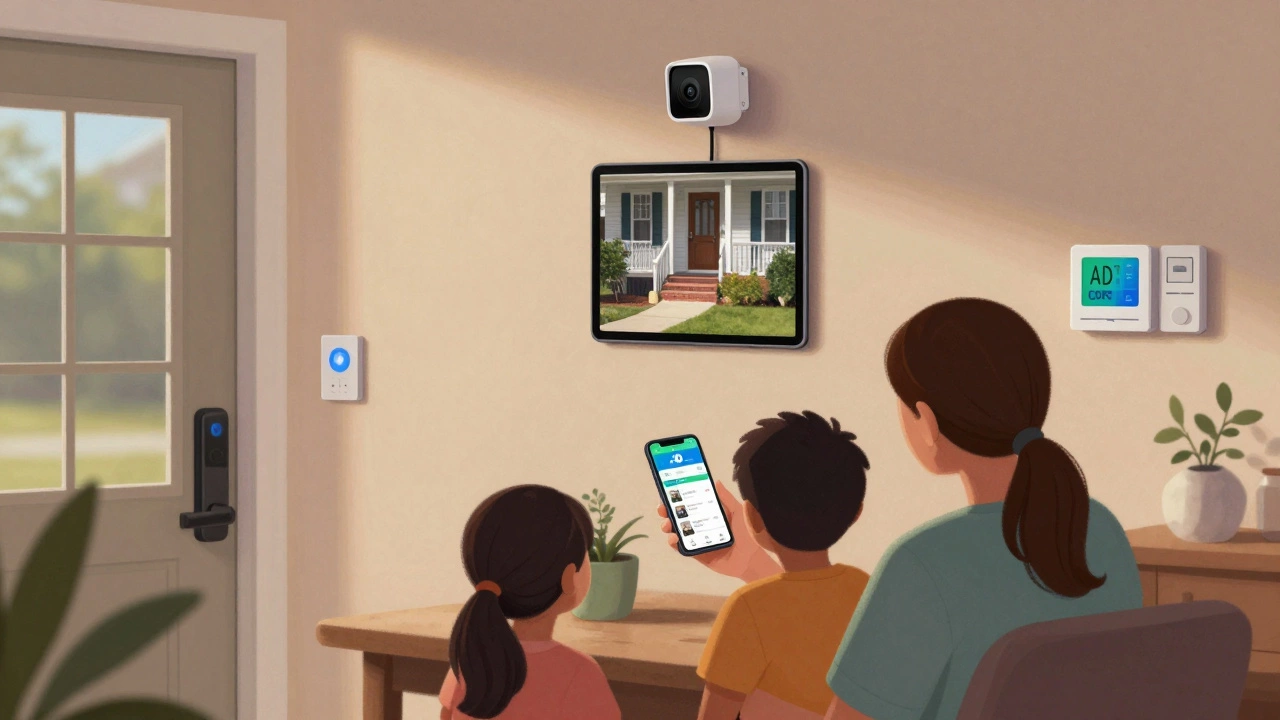 A family viewing live ADT camera footage on a tablet, smart lock and thermostat visible in a cozy home.