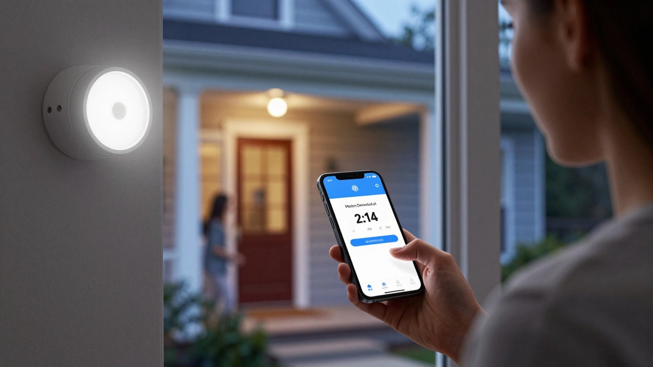 A person adjusting motion light settings on a smartphone app while looking out a bedroom window at a softly glowing porch light.