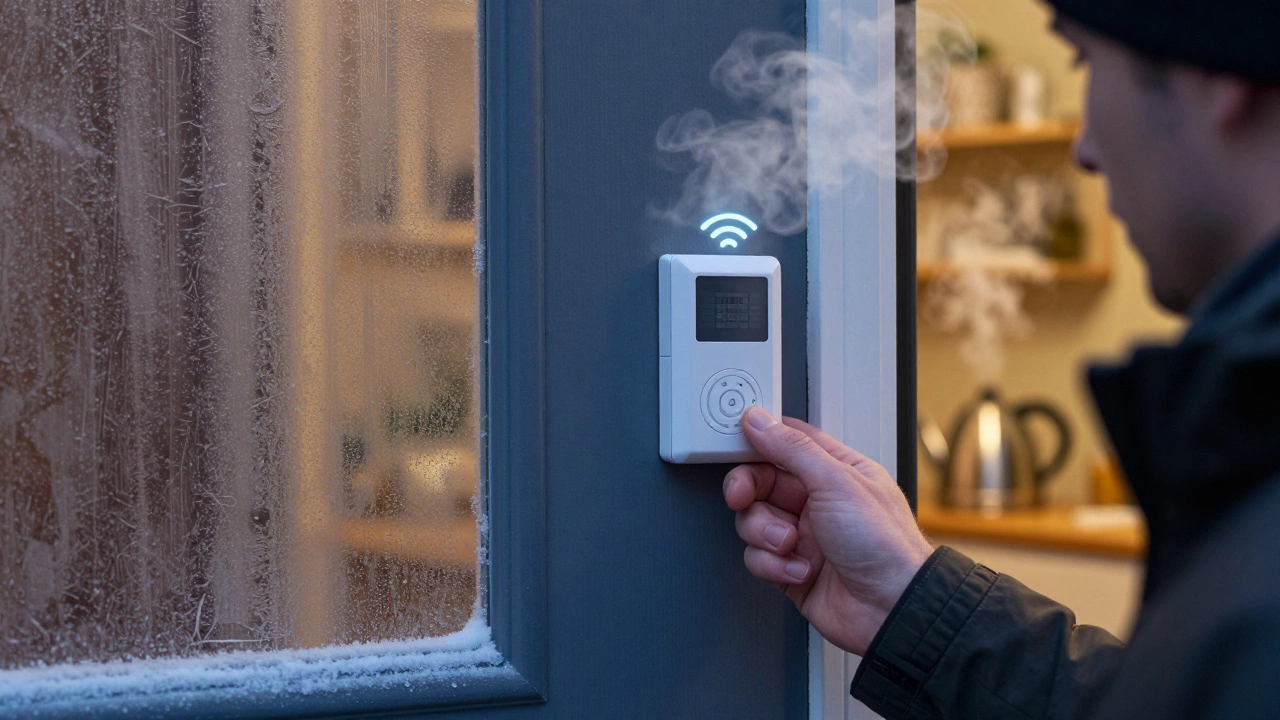 A person testing a doorbell system in winter, with chime glowing warmly inside a frosty hallway.