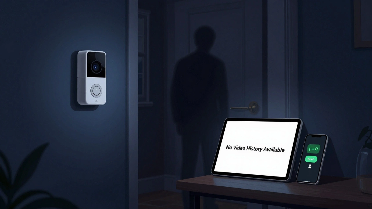 A shadowy figure outside a home, with a tablet displaying 'No Video History Available' beside a ringing doorbell.